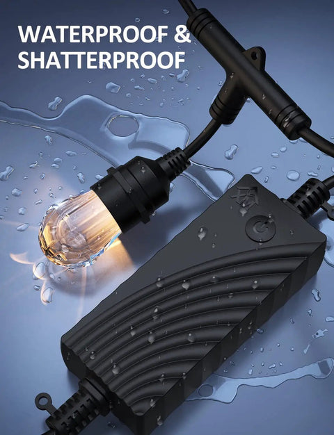 Smart Outdoor String Lights 32ft RGBW Patio LED with 12 Shatterproof Bulbs, close-up of water-resistant bulb and control box.