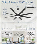 72 Inch Dope Modern Ceiling Fan With Lights And Remote Control, Dimmable 3 CCT, Black Large Ceiling Fan Diagram
