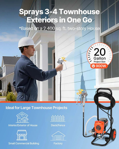 Pro Level Stand Airless Paint Sprayer Beefy 900W Motor Pushing A Solid 3300 Psi Right Off The Wheeled Cart Complete Starter Pack with worker painting a townhouse exterior.