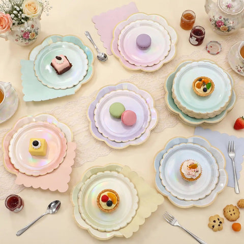 Iridescent Pastel Party Plates And Napkins Set For 24 Guests, showcasing table setting with floral and fan plates, assorted desserts