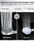 Comparison of High Pressure Shower Head With Handheld 10 Functions Pause Mode Power Wash Non Clogging Nozzles on black background