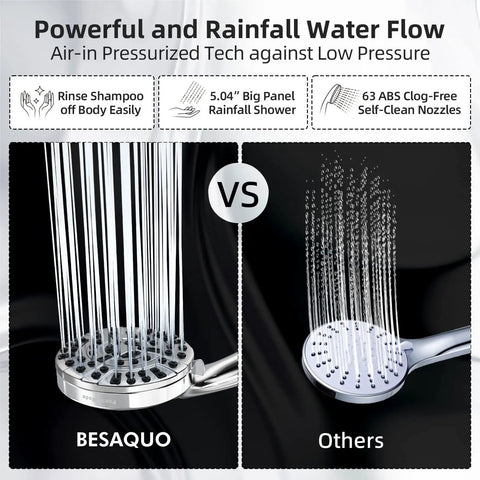 Comparison of High Pressure Shower Head With Handheld 10 Functions Pause Mode Power Wash Non Clogging Nozzles on black background