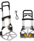 Beefy Folding Dolly With Aluminum Frame, 440 LB Capacity Hand Truck, Rugged Rubber Wheels, Ergonomic Telescoping Handle shown in folded and upright positions.