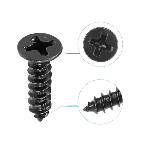 Heavy-Duty M3.5 x 12mm Wood Screws With Phillips Flat Head And Solid Carbon Steel Core, detailed view of black oxide finish.