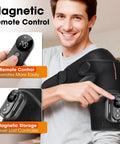 Man wearing Cordless Shoulder Heating Pad with Massage and Remote Control for real relief from rotator cuff pain frozen shoulder tendonitis