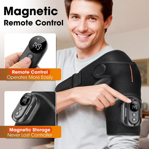 Man wearing Cordless Shoulder Heating Pad with Massage and Remote Control for real relief from rotator cuff pain frozen shoulder tendonitis