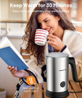 Woman reading book with 4 In 1 Electric Milk Frother For Barista Grade Foam And Milk Warmer With Temperature Control nearby.