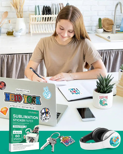 Glossy White Sublimation Sticker Paper 30 Sheets 8.5x11 Waterproof For Inkjet Printers And Heat Transfer on a laptop and mug.