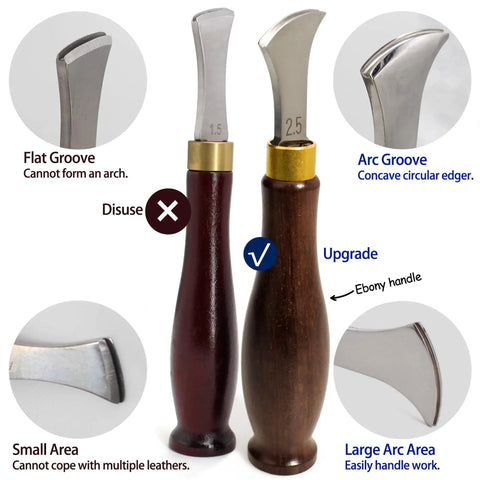 Leather Edge Creaser Set with stainless steel tips 1.0mm 1.5mm 2.0mm 2.5mm and wood handle for detailing on leather projects.