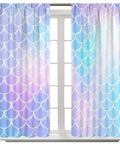 Mermaid Blackout Curtains For Girls Bedroom With Ocean Wave And Fish Scale Pattern, Blue And Pink, 2 Panels Each 21x63 Inches