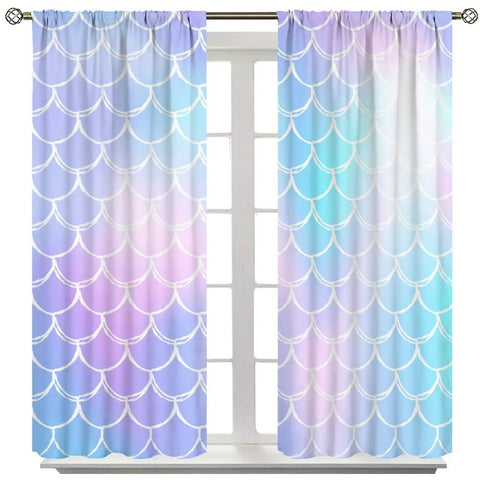 Mermaid Blackout Curtains For Girls Bedroom With Ocean Wave And Fish Scale Pattern, Blue And Pink, 2 Panels Each 21x63 Inches