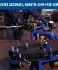 Heavy Duty Hydraulic Tubing Bender With High Capacity Pipe Bending Rig Driven By A Beefy One Horsepower Motor For Smooth Kink Free Angles Up To One Eighty Degrees Built Mean For Weekend Wrenchers And Pros demonstrating precise bends.