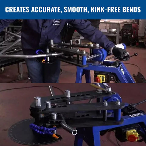 Heavy Duty Hydraulic Tubing Bender With High Capacity Pipe Bending Rig Driven By A Beefy One Horsepower Motor For Smooth Kink Free Angles Up To One Eighty Degrees Built Mean For Weekend Wrenchers And Pros demonstrating precise bends.