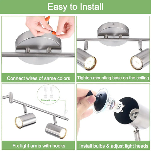 Installation steps for Dope 6 Light Brushed Nickel Ceiling Track Lighting Fixture Kit with Adjustable GU10 Heads shown.