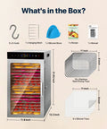 Dry Down Your Garden Harvest In Style With This Top Shelf 18 Tray Food Dehydrator Featuring 800 Watt Dual Fans For Lightning Fast Jerky Beef And Herb Prepping, includes accessories.