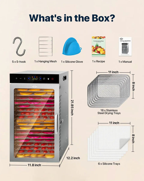 Dry Down Your Garden Harvest In Style With This Top Shelf 18 Tray Food Dehydrator Featuring 800 Watt Dual Fans For Lightning Fast Jerky Beef And Herb Prepping, includes accessories.
