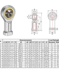Six Millimeter Female Rod End Bearing With M6x1 Right Hand Thread Self Lubricating Joint Includes Jam Nut For Flexible Mechanical Linkages 13 Degree Angular Misalignment Steel Body Durable Bearing Ball, shown with dimensions