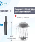 Mini Blender Tamper Plunger Replacement For 32 Oz And 48 Oz Standard Containers next to compatible blender jar, highlights precision fit and safe blade clearance.