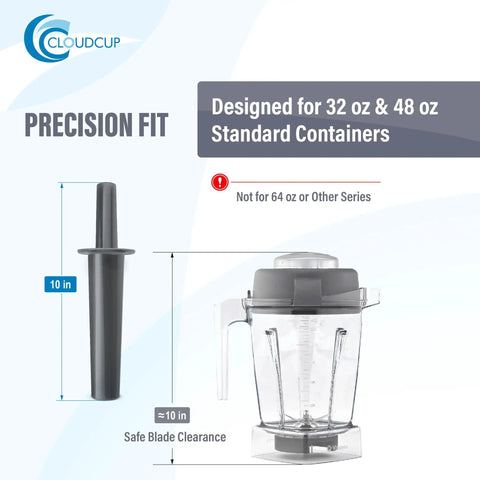 Mini Blender Tamper Plunger Replacement For 32 Oz And 48 Oz Standard Containers next to compatible blender jar, highlights precision fit and safe blade clearance.