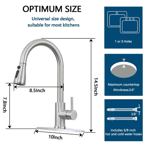 Heavy Duty Kitchen Faucet With Smooth Pull Down Sprayer In Top Shelf Brushed Nickel Rust Resistant Steel Body dimensions 14.5 inches tall