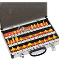 Pro Level Tungsten Carbide Router Bit Set 35 Piece Kit With Solid Quarter Inch Shank in a sturdy carrying case, showcasing bits aligned neatly.