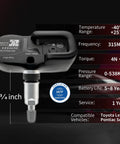 Pre Programmed Tire Pressure Sensors 315 Mhz Four Pack Oem Replacement 4260733021 showing 1¾ inch sensor with specs and compatibility.
