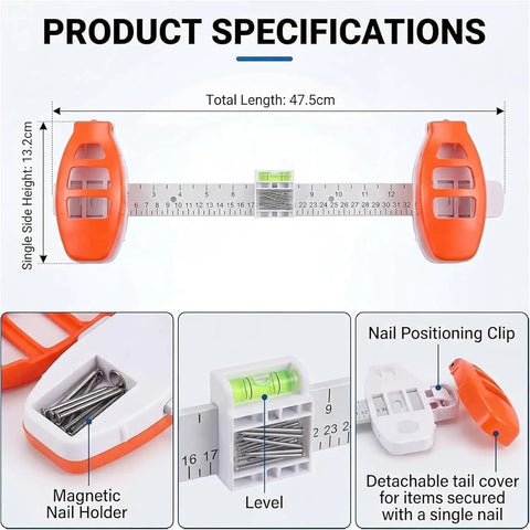 Slick 3 In 1 Picture Hanging Tool With Built In Bubble Level And Magnetic Nail Setter Dead Nuts Accurate Measuring Guide For Fast Frame Wall Mounting Includes 50 Sturdy Nails For Hassle Free Home Decor Setup