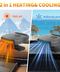 12V Portable Car Heater And Defroster Featuring Turbo 120W Fast Heating And Cooling, 360 Adjustable Airflow, Plug And Play Setup For Any Vehicle, Quick Defrost To Crush Frost So Your Drive Runs Smooth In Grey showing hot and cold air options.