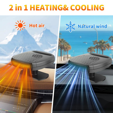 12V Portable Car Heater And Defroster Featuring Turbo 120W Fast Heating And Cooling, 360 Adjustable Airflow, Plug And Play Setup For Any Vehicle, Quick Defrost To Crush Frost So Your Drive Runs Smooth In Grey showing hot and cold air options.