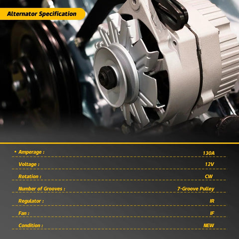 Close-up of alternator with specifications, 130A, 12V, 7-groove pulley. Beefy Power 3.5L Alternator Replacement For Lexus RX350 ES350 Highlander Avalon Venza Fits 2007 2008 2009 2010 2011 2012 2013 2014 2015 2016 2017 2018 Direct Bolt In Reliable High Output OE Style 104210 4890 27060 31110 27060 0P151