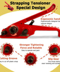 Heavy Duty Full Set Pallet Strapping Kit With Poly Strap Tensioner And Band Sealer Half By Four Thousand Inch Polypropylene Roll Plus One Hundred Metal Seals. Red strapping tensioner with ergonomic handle, cutting groove, and slip gear.