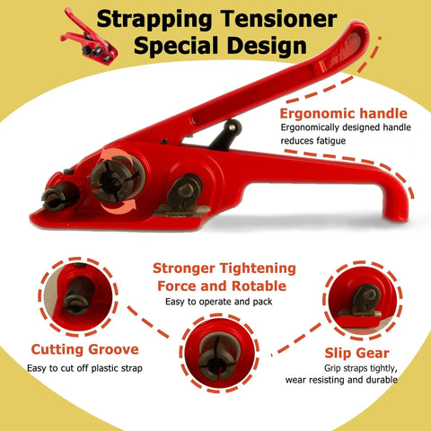 Heavy Duty Full Set Pallet Strapping Kit With Poly Strap Tensioner And Band Sealer Half By Four Thousand Inch Polypropylene Roll Plus One Hundred Metal Seals. Red strapping tensioner with ergonomic handle, cutting groove, and slip gear.