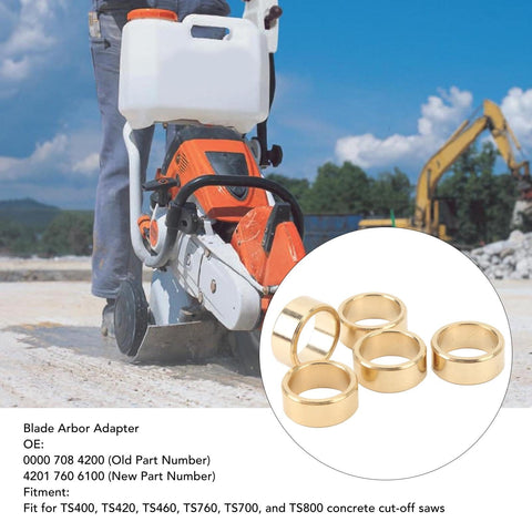 Pro Grade Blade Arbor Adapter Set For Concrete Cutoff Saws, 5 Pack, Metal Reducer Rings, image showing adapter rings and saw.