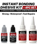Instant Bonding Adhesive Repair Kit 4 Piece Set With Two Glue Bottles And Plastic Metal Reinforcing Powders Black And Grey