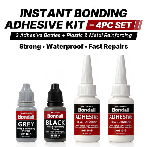 Instant Bonding Adhesive Repair Kit 4 Piece Set With Two Glue Bottles And Plastic Metal Reinforcing Powders Black And Grey