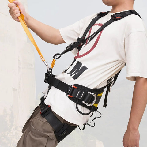 Person wearing All Around Full Body Climbing Harness For Outdoor Adventures With Thick Waist Pad And Universal Sizing, view from side