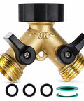 Brass Hose Splitter 2 Way With Shut Off Valves Heavy Duty Garden Hose Connector Y Adapter No Leak Includes Washers And Teflon Tape, brass body with two valves