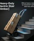 Heavy Duty 1200W Electric Dolly Stair Climber With 800lb Capacity And Folding Telescopic Handle For Moving Furniture And Warehouse Cargo on stairs with cardboard boxes.
