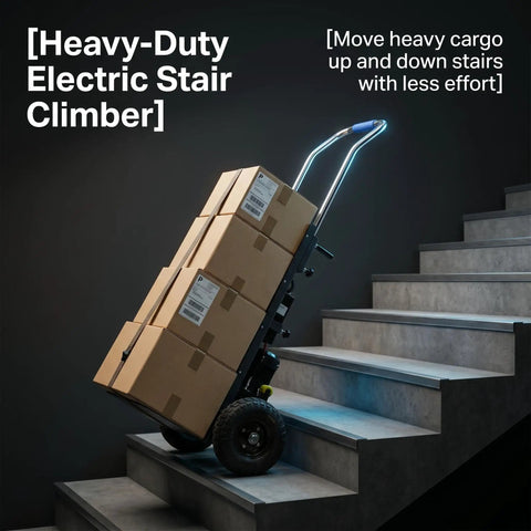 Heavy Duty 1200W Electric Dolly Stair Climber With 800lb Capacity And Folding Telescopic Handle For Moving Furniture And Warehouse Cargo on stairs with cardboard boxes.