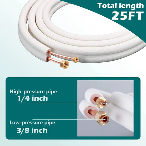 Mini Split Line Set Kit With 25 Ft Copper Lines One Quarter Inch And Three Eighth Inch Outer Diameter Three Eighth Inch PE Insulated Coil