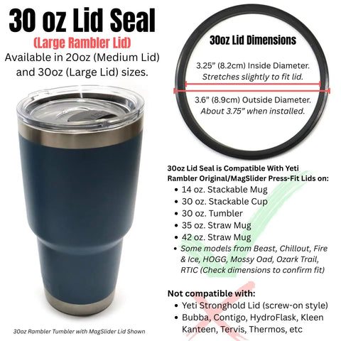 Replacement Lid Seal Gaskets For Yeti Rambler Magslider And Original Lids 30 Oz Lid Size Fits Beast Chillout Fire And Ice Hogg Mossy Oak Ozark Trail Rtic Travel Mugs Three Pack Durable Gasket Set For Leak Proof Performance, black 30 oz lid seal ring shown