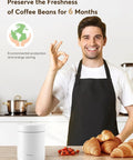 Automatic Vacuum Coffee Canister Keeps Your Daily Brew Stash Hella Fresh For Months With Simple One Touch Press And Rust Resistant Stainless Steel Build on kitchen counter.