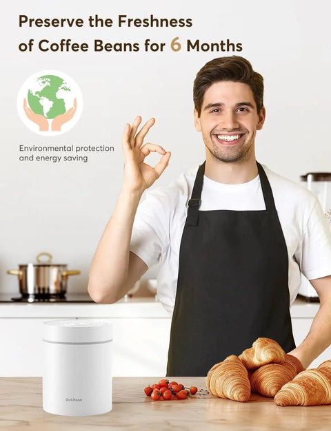 Automatic Vacuum Coffee Canister Keeps Your Daily Brew Stash Hella Fresh For Months With Simple One Touch Press And Rust Resistant Stainless Steel Build on kitchen counter.