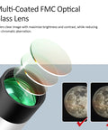 Multi-layered optical glass lens illustration with moon image comparison, part of 2X Barlow Lens Upgrade For 1.25 Inch Eyepieces All Metal CNC Black Anodized Telescope Accessory With M42 Thread And Filter Thread Apochromatic Glass Dual Locking Thumbscrews Great For Deep Sky Observing And Camera Attachments.