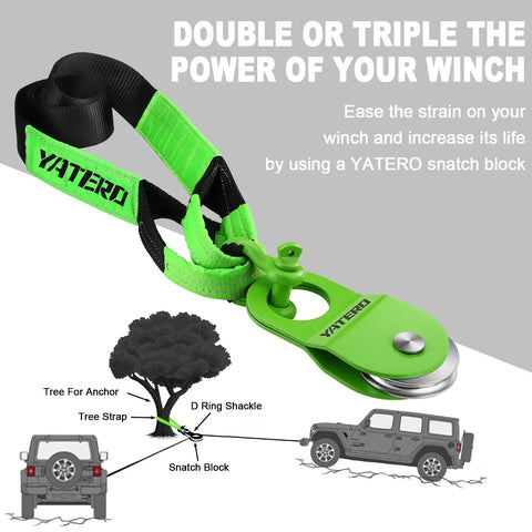Off Road Recovery Kit With 10 Ton Snatch Block Pulley 3 Inch By 8 Foot Tree Saver Strap Two D Ring Shackles And Heavy Duty Winching Accessories For Truck And SUV Rescue, green snatch block and tree strap