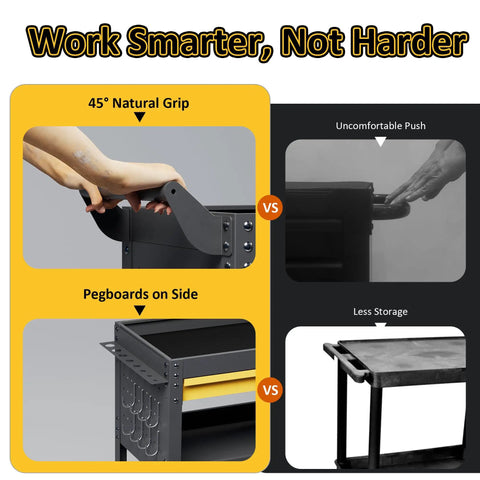 Comparison of Workhorse Heavy Duty Rolling Tool Cart With Three Tiers And Drawer Plus Pegboard showing grip and storage features