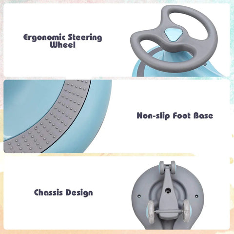 Ergonomic steering wheel, non-slip foot base, chassis design of Trendy Swing Ride On Wiggle Car With Glowing Wheels And Easy Twist Steering Designed For Toddlers Age 3 Plus Zero Batteries Needed Tough Blue Frame Drops Some Real Cool Factor While Providing Smooth Daily Adventure Play.