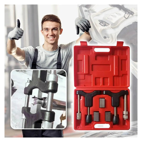 Integrated Half Shaft Sleeve Thread Corrector Repair Tool Kit in red case, thumbs-up mechanic beside close-up of tool in use