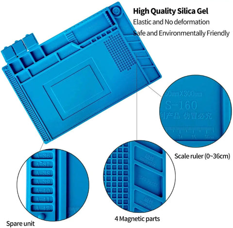 Pro Grade Silicone Repair Mat With Magnetic Features For Electronics Soldering, 17.8x11.8 in, details of magnetic parts and ruler