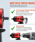 Rivet Nut Drill Adapter Kit For Electric Drills showing multiple drive modes with ratchet wrench and electric drill options.
